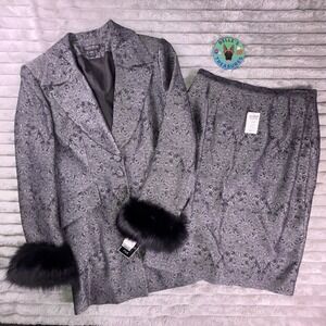 NEW JOHN MEYER Skirt Suit Sz 10 Black & Shimmer Jacquard Blazer Fur Cuffs Church